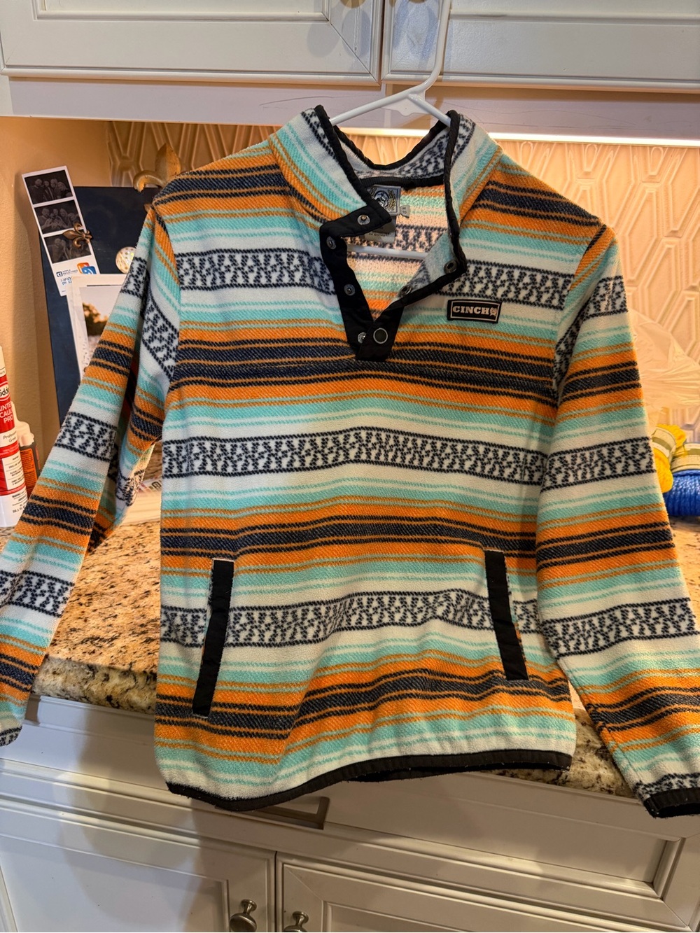 Cinch Snap-Neck Striped Pullover in Mint, Orange & Black